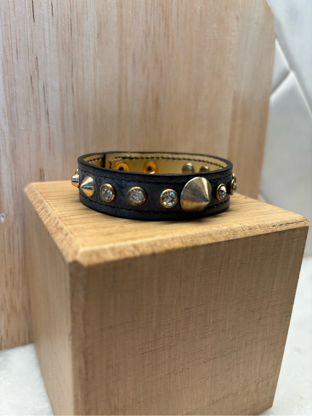 JewelMint Dark Green Leather Studded Bracelet with Gold & Jeweled Accents